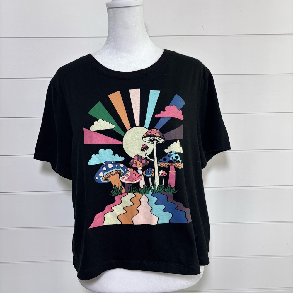 Self Esteem Mushrooms Crop Cotton Black Colorful Top Size L